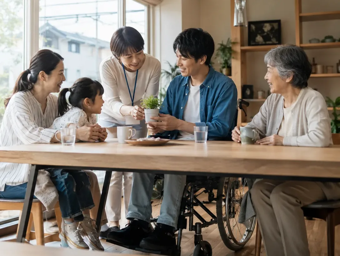 スタッフと三世代の家族が食卓で寄り添う様子